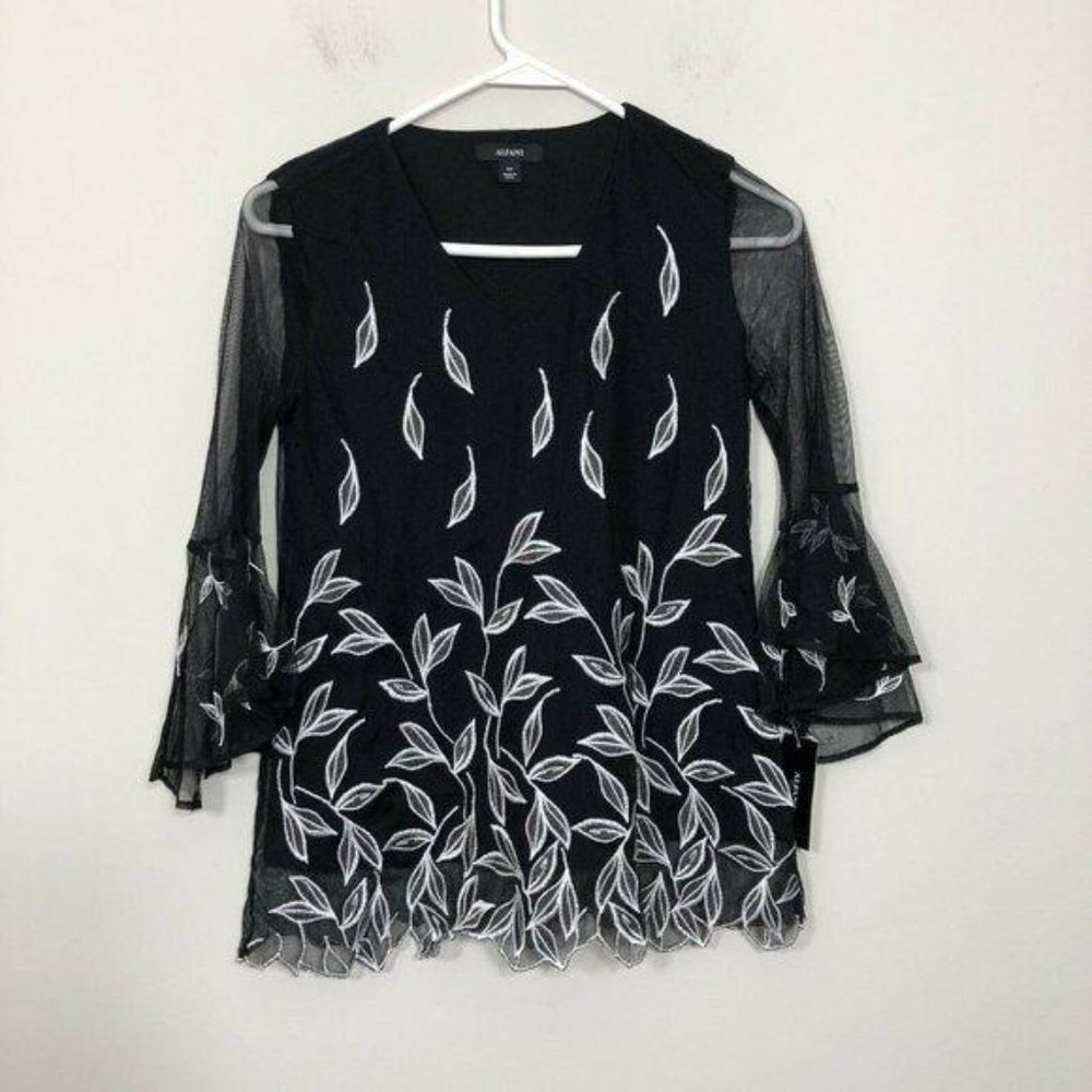 Alfani Petite Size PP Golden Eclectic Black‎ Embroidered Mesh Swing Leave Top